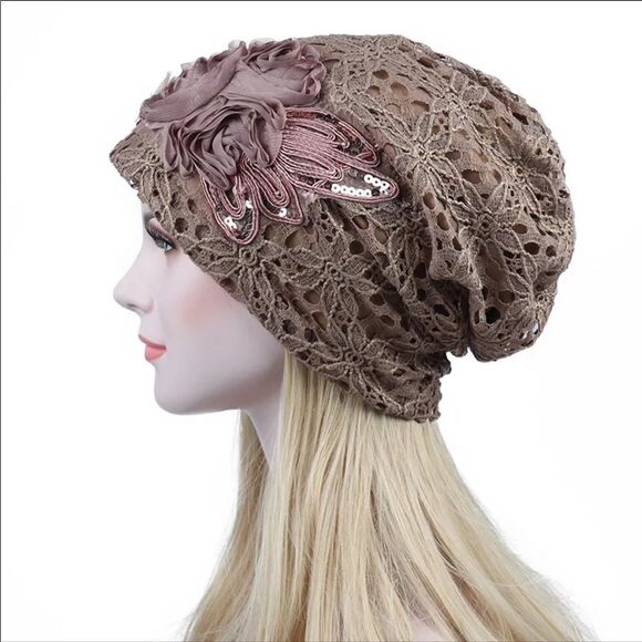 Brown Floral Lace Sequin Lightweight Lined Beanies Cap - NEW - Picture 4 of 4